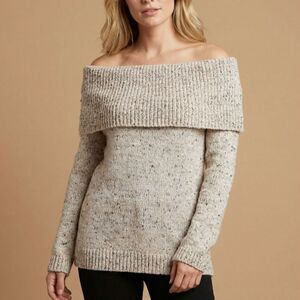 m Womens Cream Marled Knit Chenille Off the Shoulder Sweater Top - Lauren Conrad
